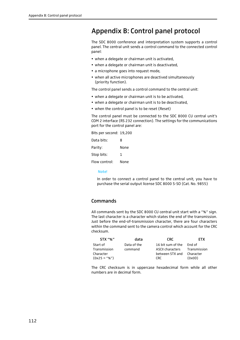 Appendix b: control panel protocol, Commands | Sennheiser CONFERENCE SYSTEM SDC 8000 User Manual | Page 112 / 116