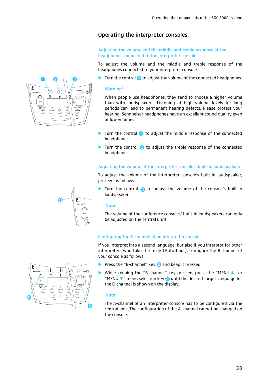 Operating the interpreter consoles | Sennheiser CONFERENCE SYSTEM SDC 8000 User Manual | Page 33 / 116