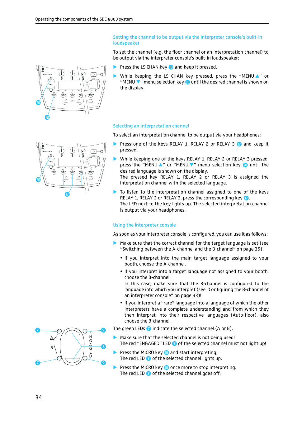 Selecting an interpretation channel, Using the interpreter console | Sennheiser CONFERENCE SYSTEM SDC 8000 User Manual | Page 34 / 116