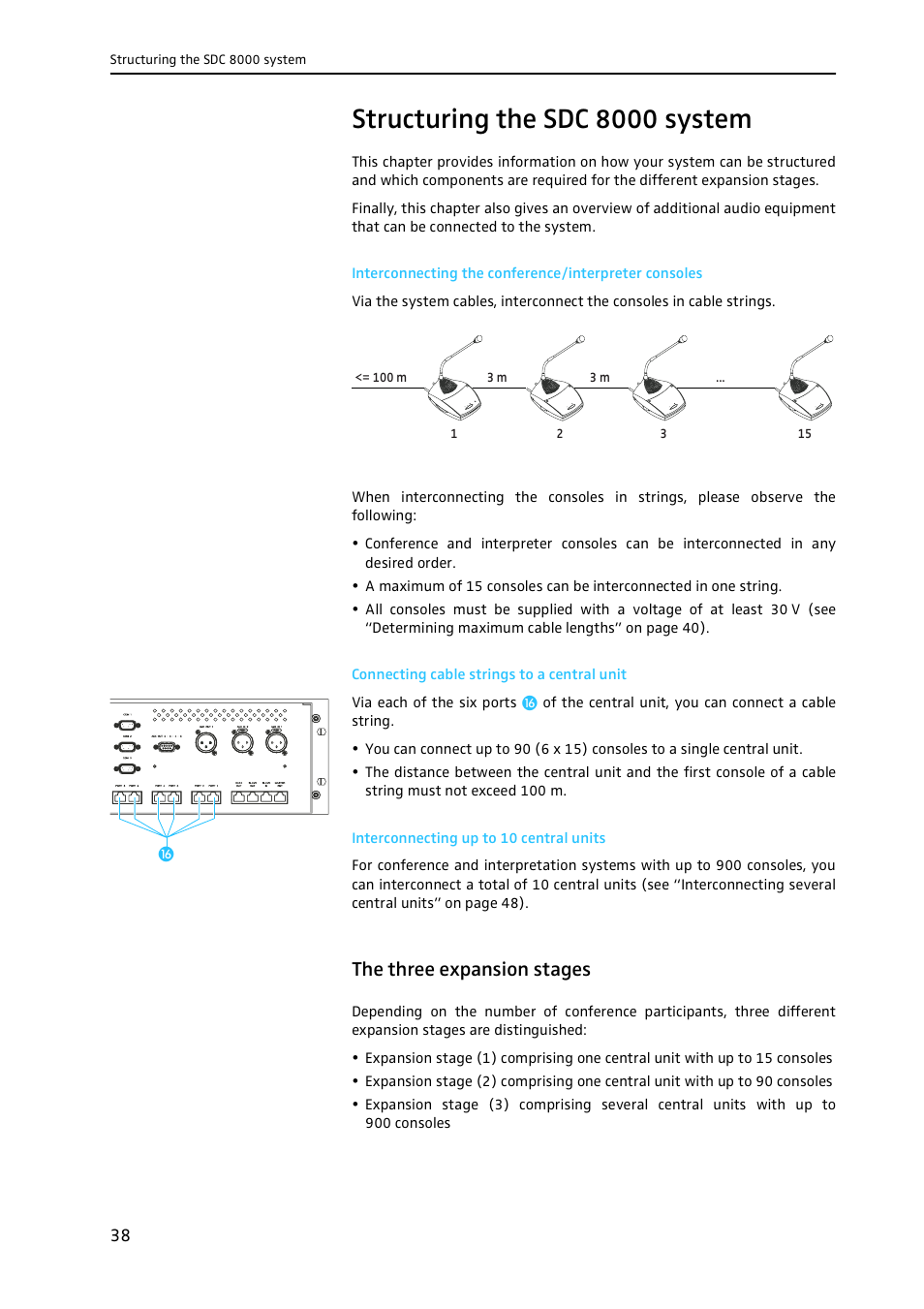 Structuring the sdc 8000 system, Connecting cable strings to a central unit, Interconnecting up to 10 central units | The three expansion stages | Sennheiser CONFERENCE SYSTEM SDC 8000 User Manual | Page 38 / 116