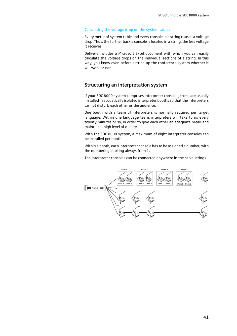 Calculating the voltage drop on the system cables, Structuring an interpretation system, Structuring the sdc 8000 system | Sennheiser CONFERENCE SYSTEM SDC 8000 User Manual | Page 41 / 116