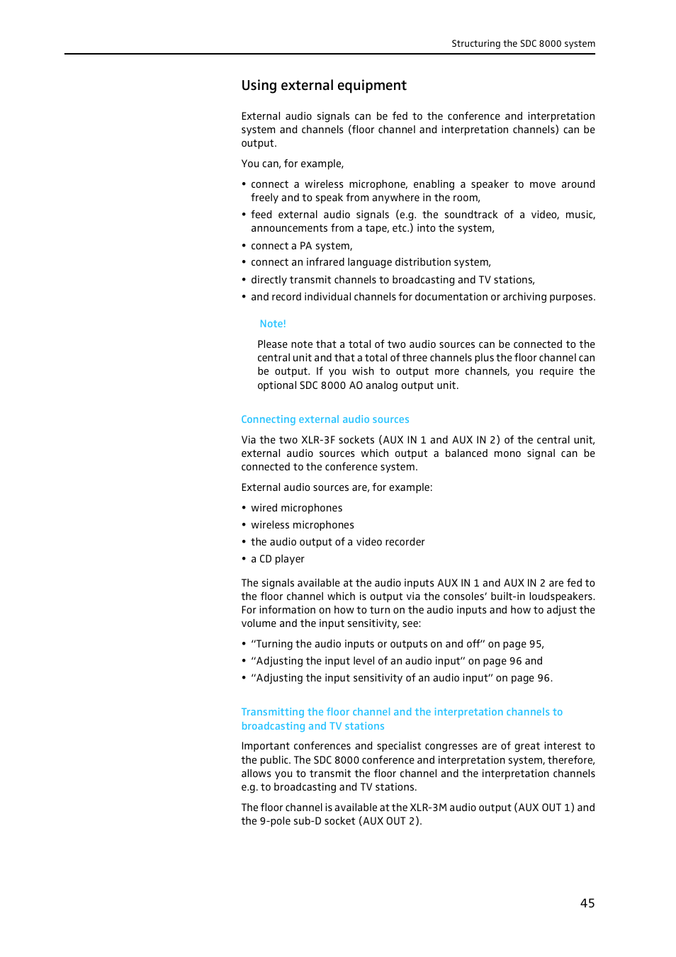 Using external equipment, Connecting external audio sources | Sennheiser CONFERENCE SYSTEM SDC 8000 User Manual | Page 45 / 116