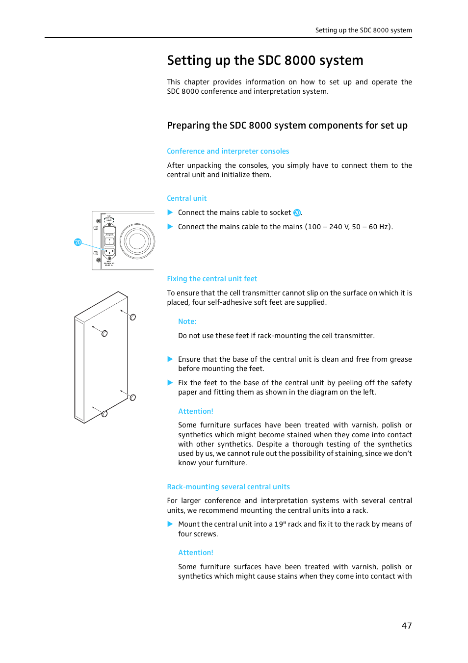 Setting up the sdc 8000 system, Conference and interpreter consoles, Central unit | Fixing the central unit feet, Rack-mounting several central units | Sennheiser CONFERENCE SYSTEM SDC 8000 User Manual | Page 47 / 116