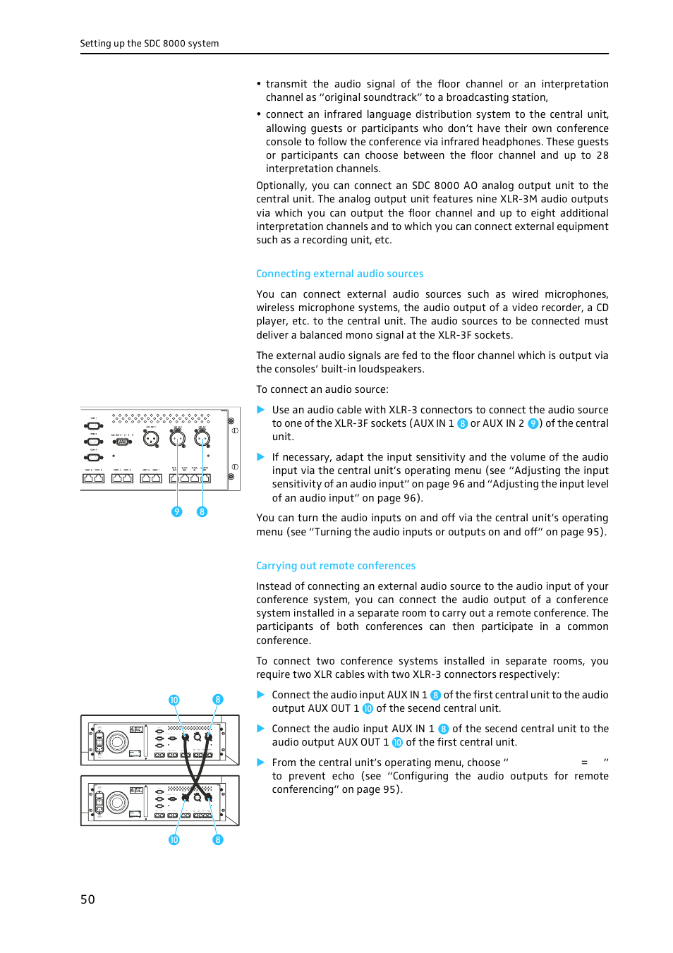 Connecting external audio sources, Carrying out remote conferences | Sennheiser CONFERENCE SYSTEM SDC 8000 User Manual | Page 50 / 116