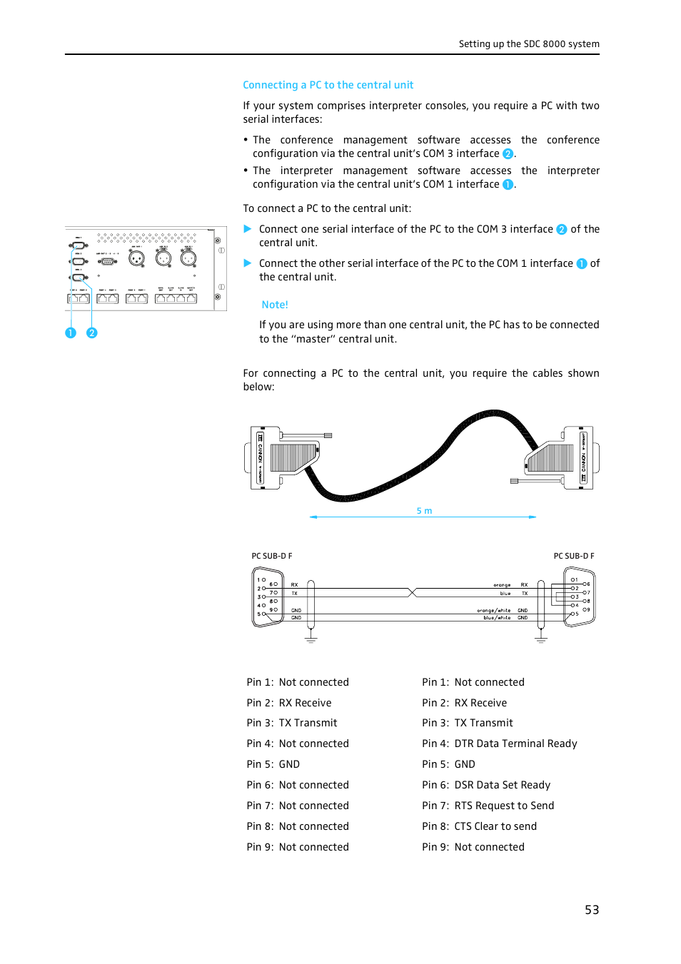 Connecting a pc to the central unit | Sennheiser CONFERENCE SYSTEM SDC 8000 User Manual | Page 53 / 116