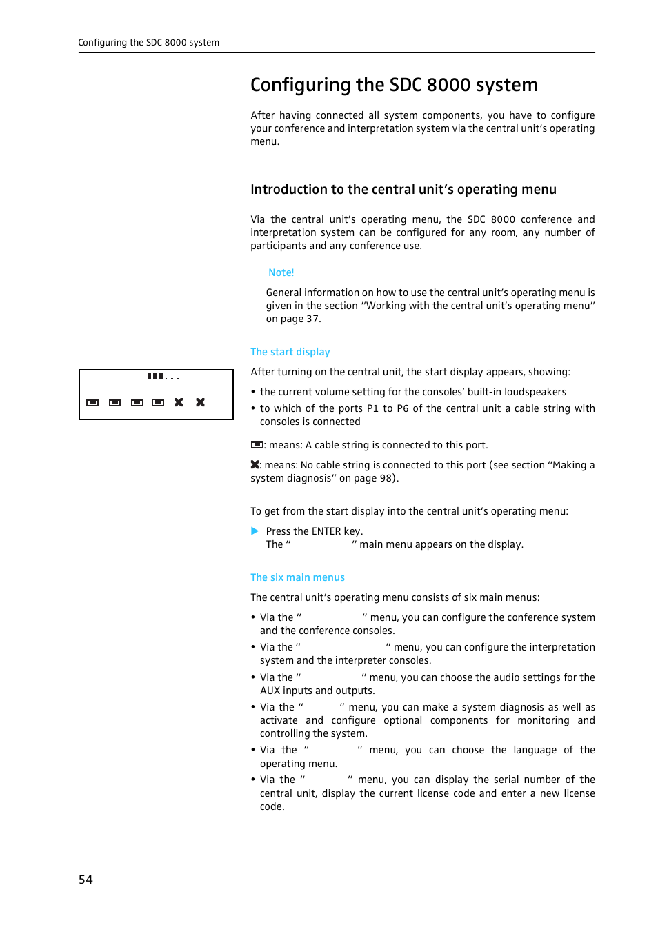 Configuring the sdc 8000 system, Introduction to the central unit’s operating menu, The start display | The six main menus | Sennheiser CONFERENCE SYSTEM SDC 8000 User Manual | Page 54 / 116