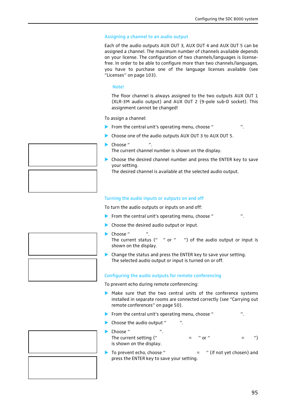 Assigning a channel to an audio output, Turning the audio inputs or outputs on and off | Sennheiser CONFERENCE SYSTEM SDC 8000 User Manual | Page 95 / 116