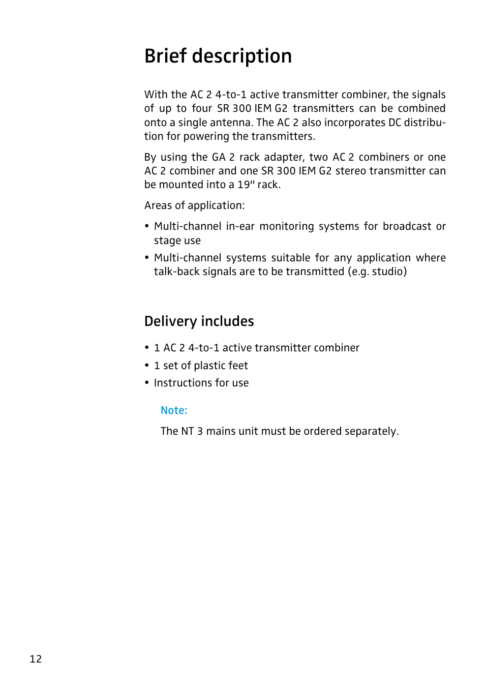 Brief description, Delivery includes | Sennheiser Active Transmitter Combiner 1:4 AC2 User Manual | Page 13 / 34