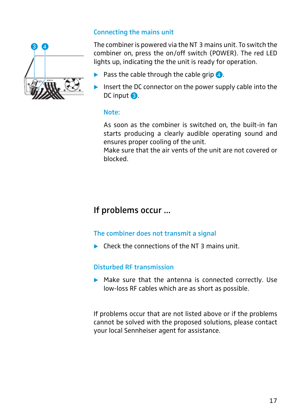 Connecting the mains unit, If problems occur, The combiner does not transmit a signal | Disturbed rf transmission | Sennheiser Active Transmitter Combiner 1:4 AC2 User Manual | Page 18 / 34