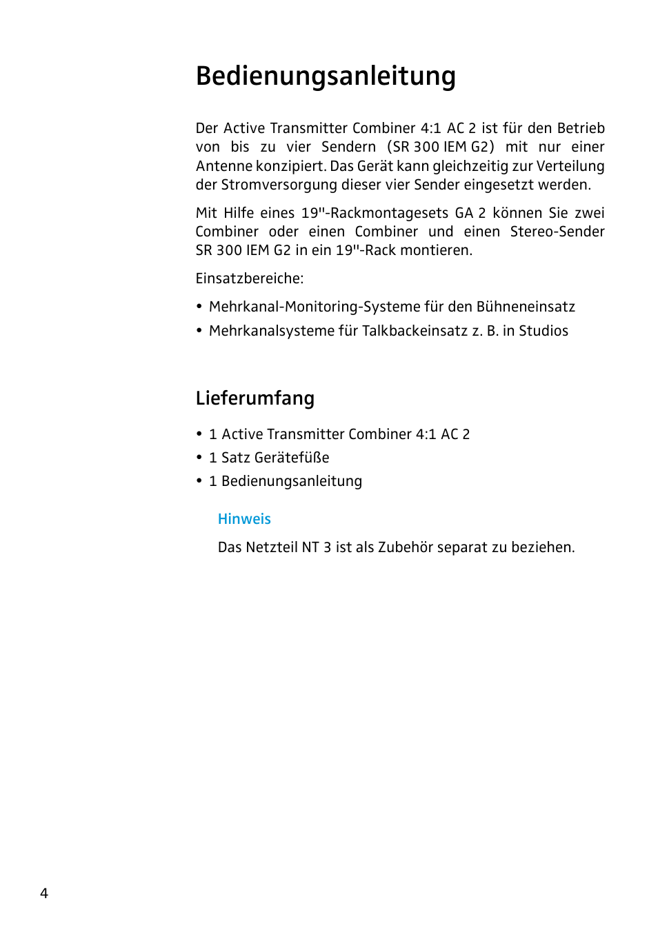 Bedienungsanleitung, Lieferumfang | Sennheiser Active Transmitter Combiner 1:4 AC2 User Manual | Page 2 / 34