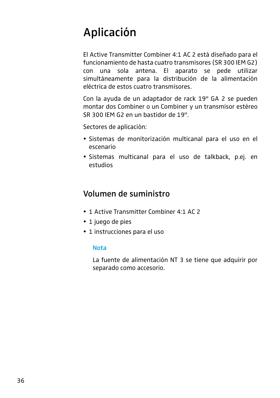 Aplicación, Volumen de suministro | Sennheiser Active Transmitter Combiner 1:4 AC2 User Manual | Page 24 / 34
