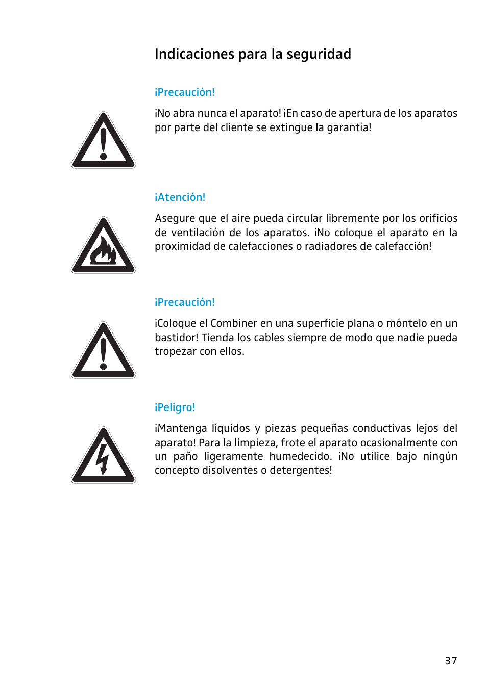 Indicaciones para la seguridad, Precaución, Atención | Peligro | Sennheiser Active Transmitter Combiner 1:4 AC2 User Manual | Page 25 / 34