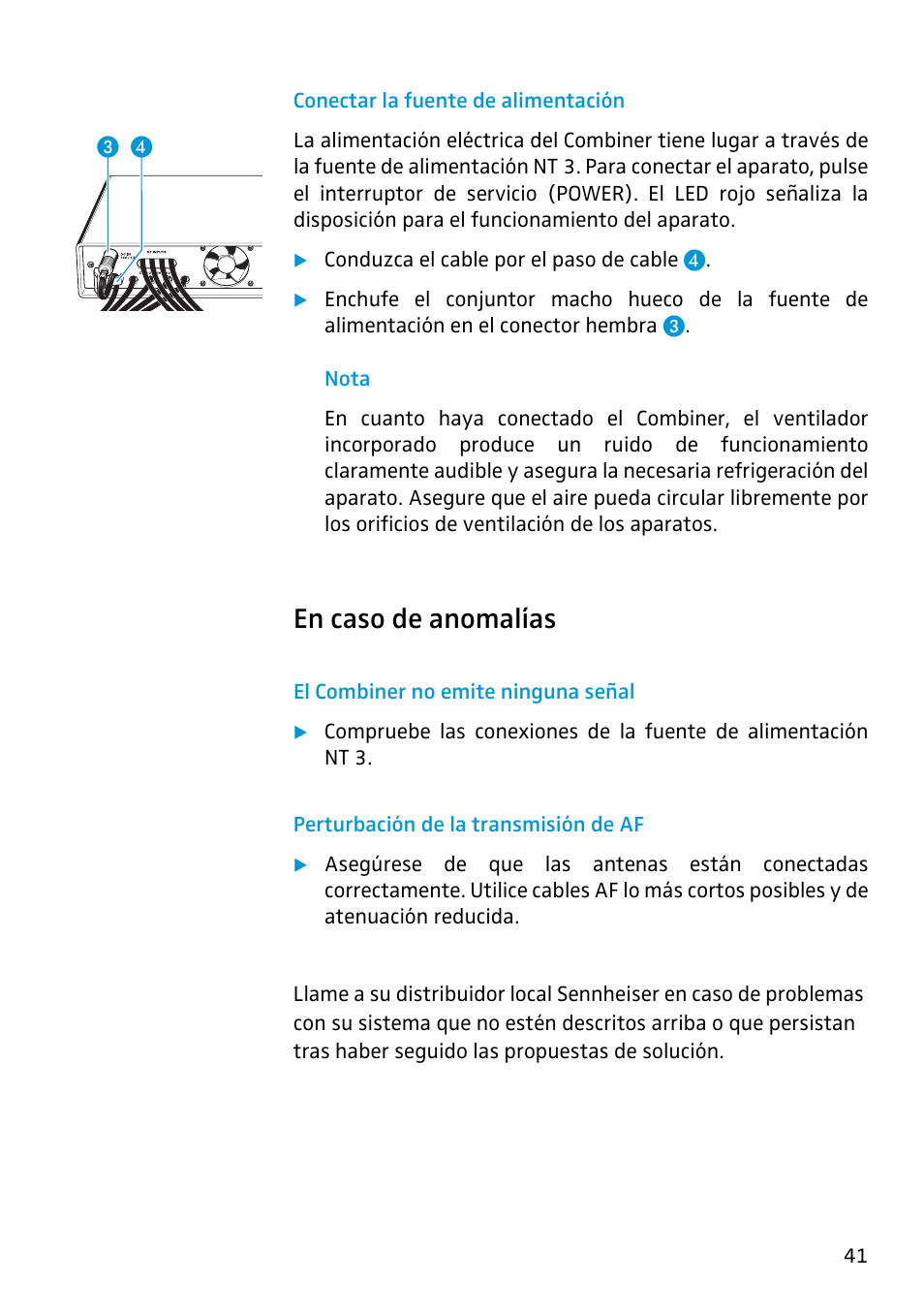 Conectar la fuente de alimentación, En caso de anomalías, El combiner no emite ninguna señal | Perturbación de la transmisión de af | Sennheiser Active Transmitter Combiner 1:4 AC2 User Manual | Page 29 / 34