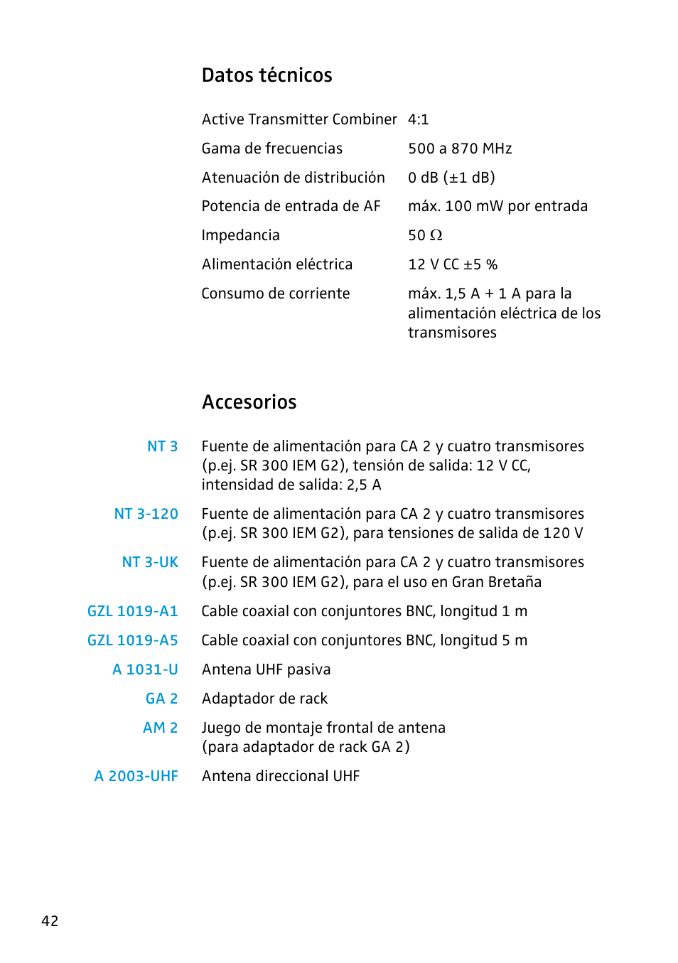 Datos técnicos, Accesorios | Sennheiser Active Transmitter Combiner 1:4 AC2 User Manual | Page 30 / 34