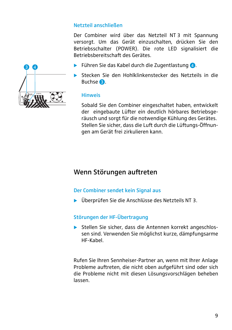 Netzteil anschließen, Wenn störungen auftreten, Der combiner sendet kein signal aus | Störungen der hf-übertragung | Sennheiser Active Transmitter Combiner 1:4 AC2 User Manual | Page 7 / 34