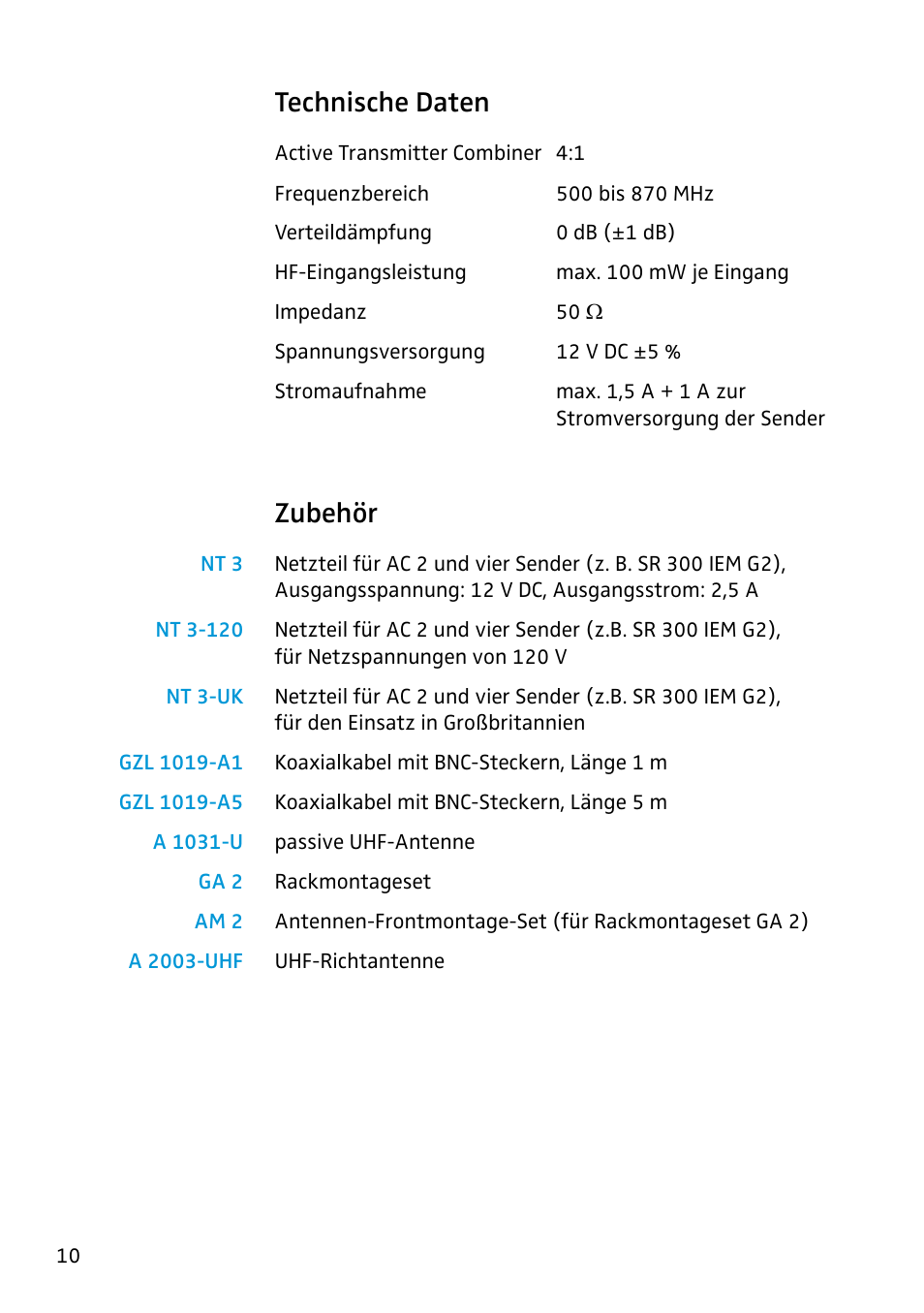 Technische daten, Zubehör | Sennheiser Active Transmitter Combiner 1:4 AC2 User Manual | Page 8 / 34