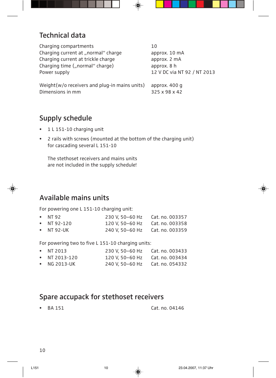 Technical data, Supply schedule, Available mains units | Spare accupack for stethoset receivers | Sennheiser L151-10 User Manual | Page 10 / 28