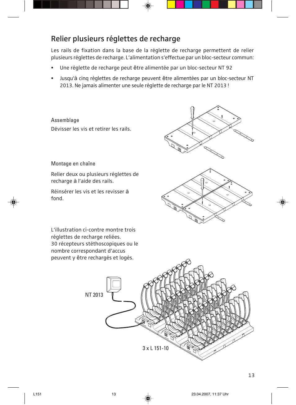 Relier plusieurs réglettes de recharge, Assemblage, Montage en chaîne | Sennheiser L151-10 User Manual | Page 13 / 28