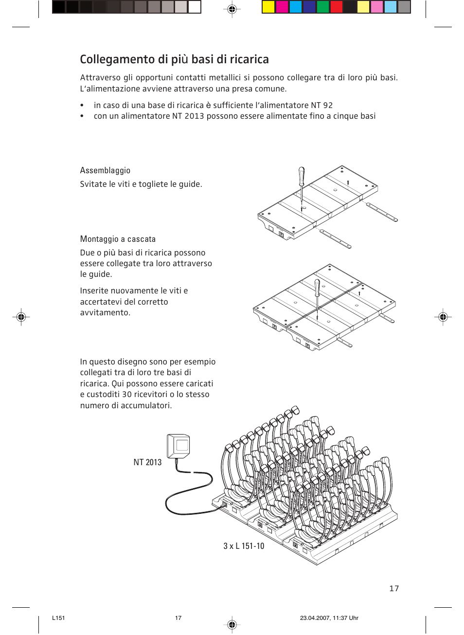 Collegamento di più basi di ricarica, Assemblaggio, Montaggio a cascata | Collegamento di pi ù basi di ricarica | Sennheiser L151-10 User Manual | Page 17 / 28