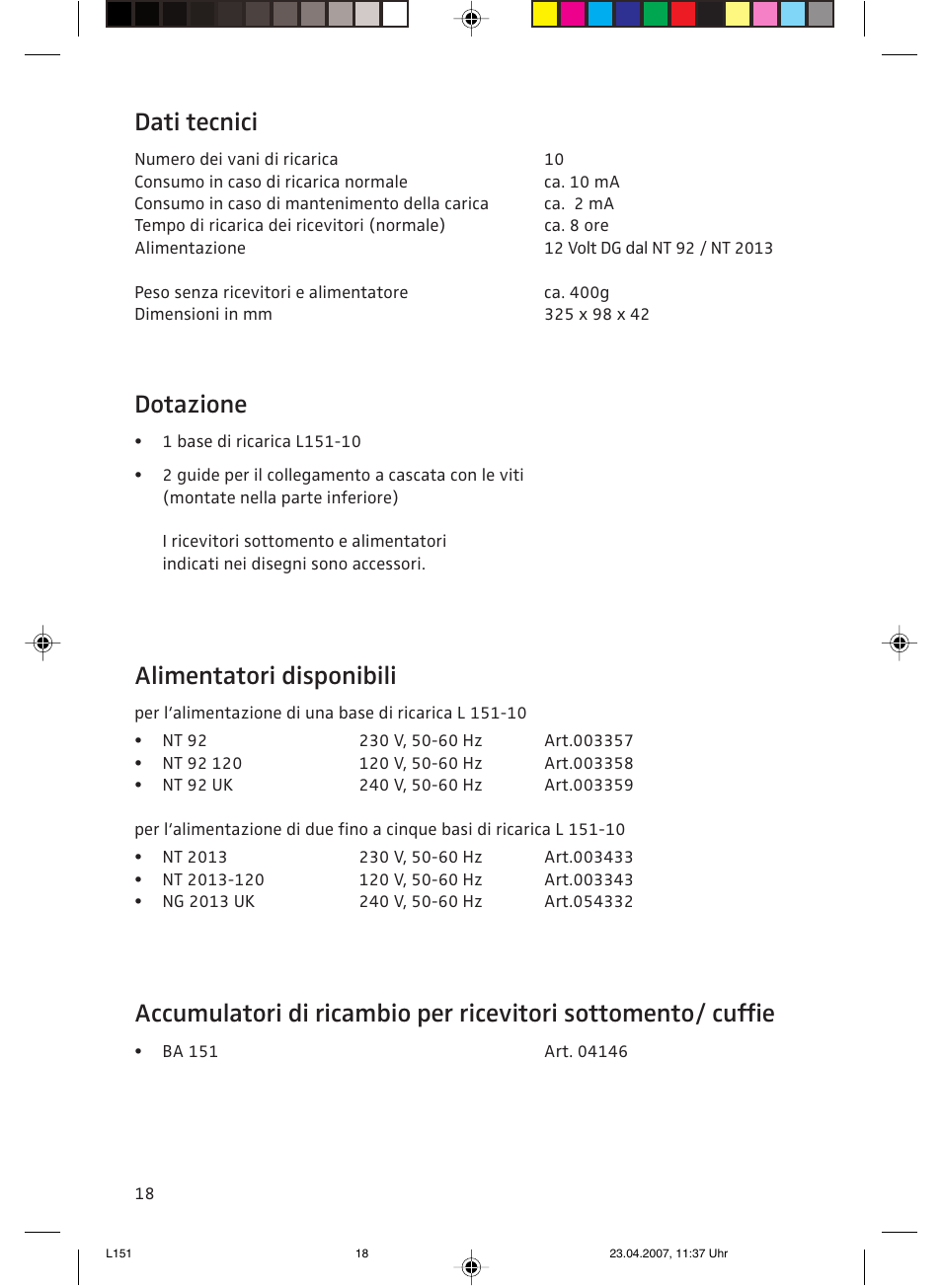 Dati tecnici, Dotazione, Alimentatori disponibili | Sennheiser L151-10 User Manual | Page 18 / 28