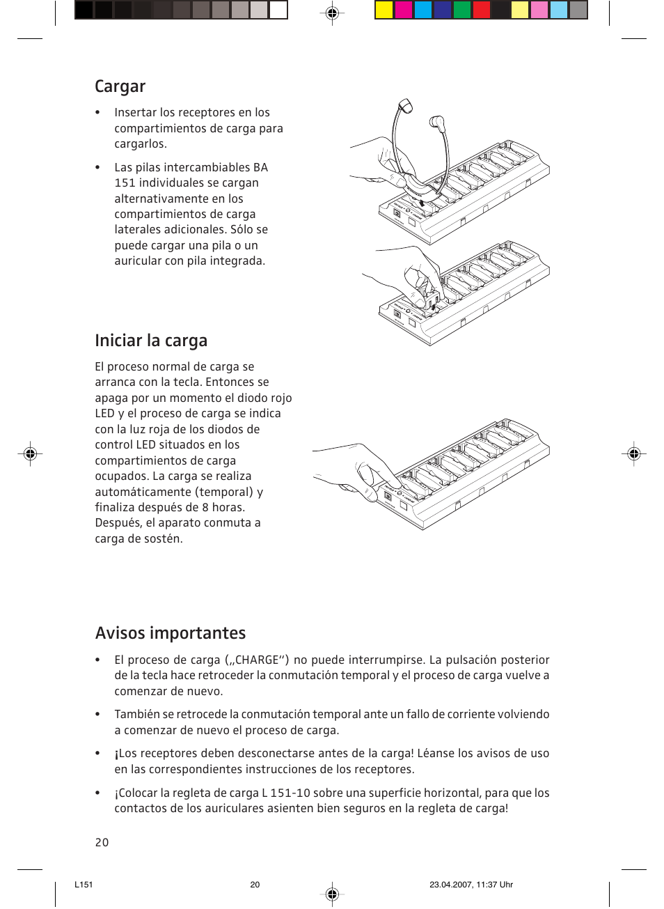 Cargar, Iniciar la carga, Avisos importantes | Sennheiser L151-10 User Manual | Page 20 / 28