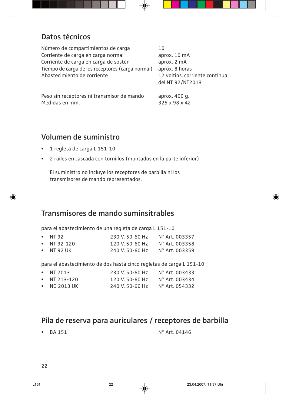Datos técnicos, Volumen de suministro, Transmisores de mando suminsitrables | Sennheiser L151-10 User Manual | Page 22 / 28