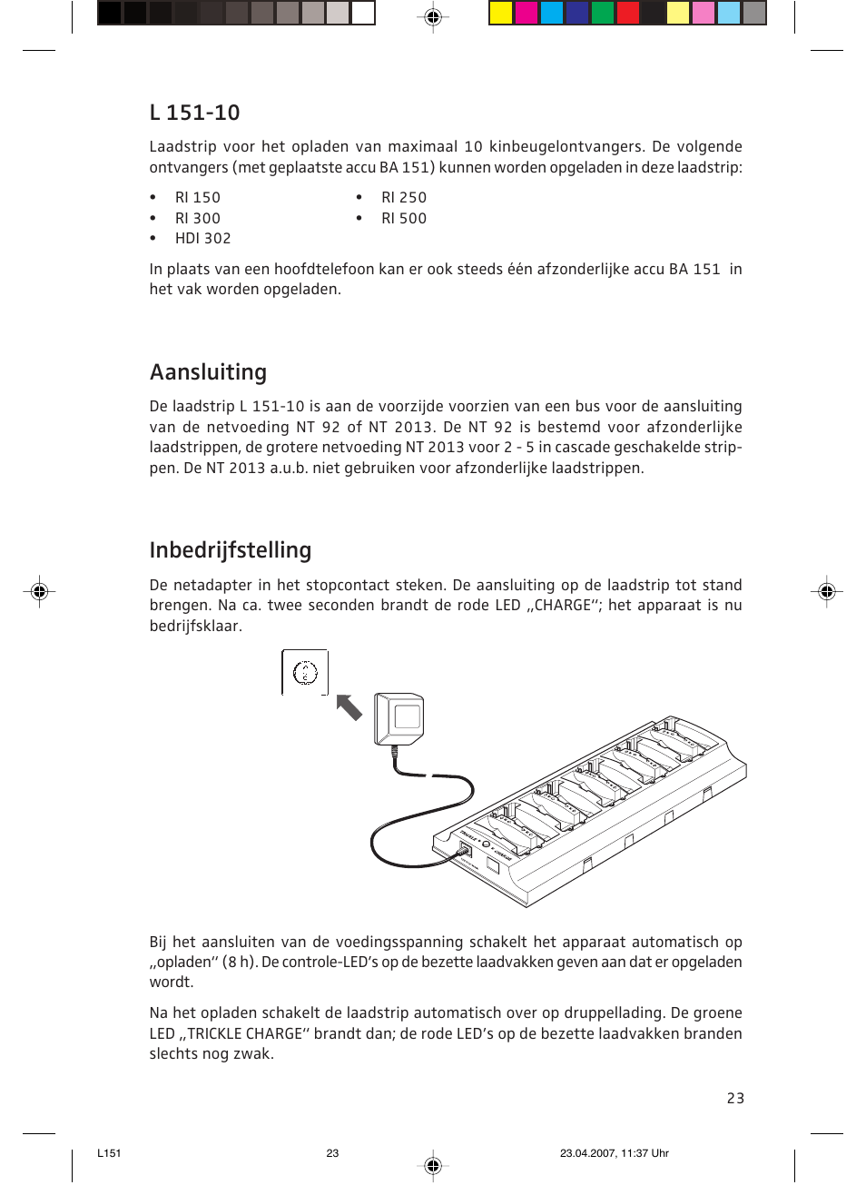 Gebruiksaanwijzing, Aansluiting, Inbedrijfstelling | Sennheiser L151-10 User Manual | Page 23 / 28