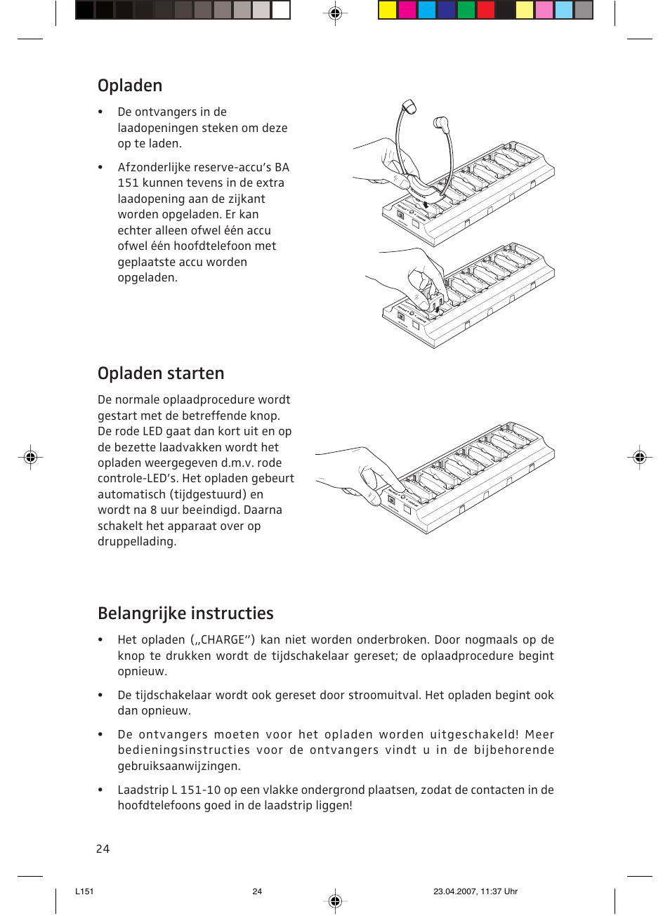 Opladen, Opladen starten, Belangrijke instructies | Sennheiser L151-10 User Manual | Page 24 / 28