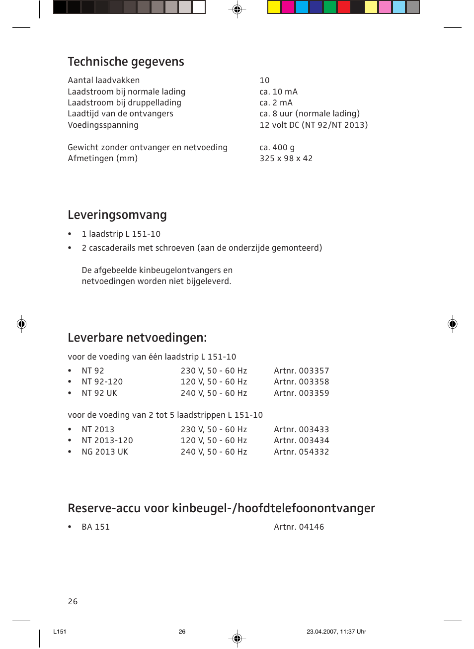 Technische gegevens, Leveringsomvang, Leverbare netvoedingen | Sennheiser L151-10 User Manual | Page 26 / 28