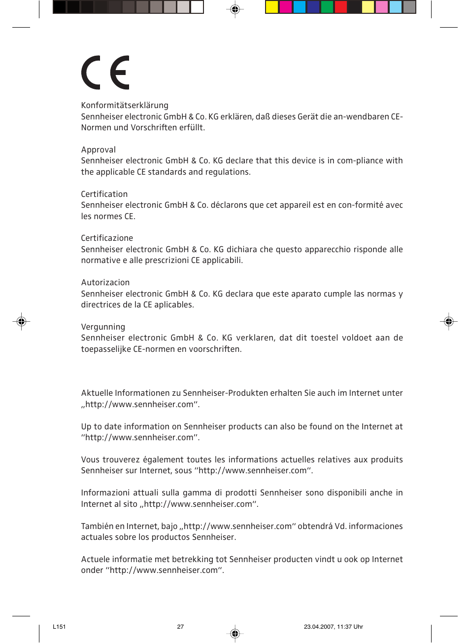 Konformitätserklärung, Approval, Certification | Certificazione, Autorizacion, Vergunning | Sennheiser L151-10 User Manual | Page 27 / 28