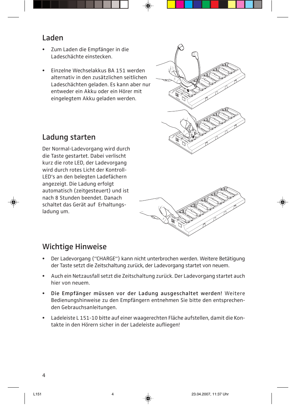 Laden, Ladung starten, Wichtige hinweise | Sennheiser L151-10 User Manual | Page 4 / 28