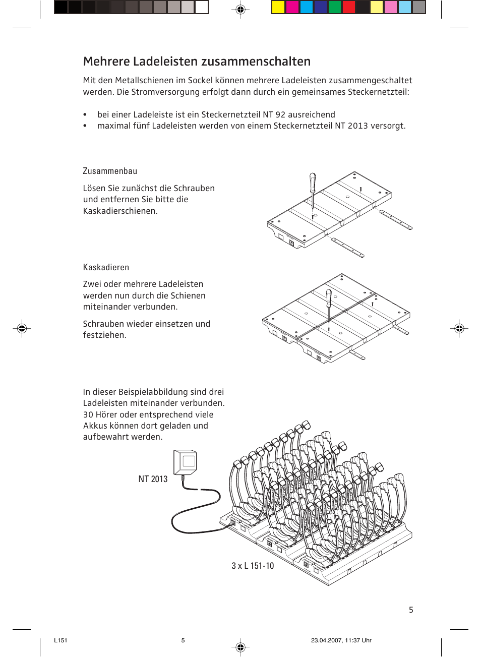 Mehrere ladeleisten zusammenschalten, Zusammenbau, Kaskadieren | Sennheiser L151-10 User Manual | Page 5 / 28