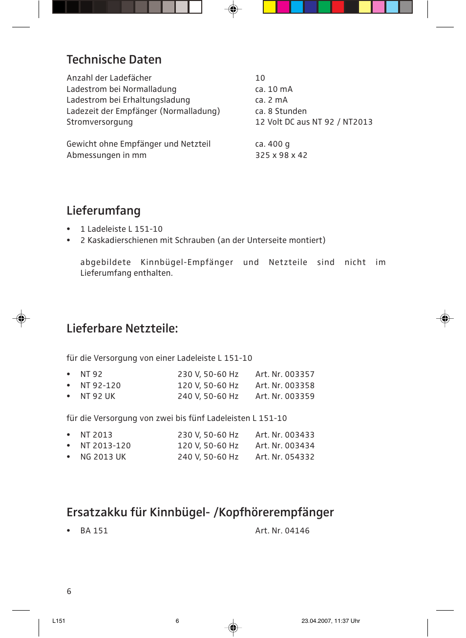 Technische daten, Lieferumfang, Lieferbare netzteile | Ersatzakku für kinnbügel- /kopfhörerempfänger | Sennheiser L151-10 User Manual | Page 6 / 28