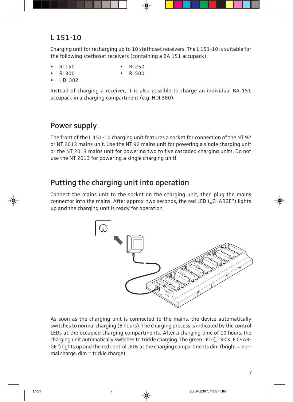 Instruction for use, Power supply, Putting the charging unit into operation | Sennheiser L151-10 User Manual | Page 7 / 28