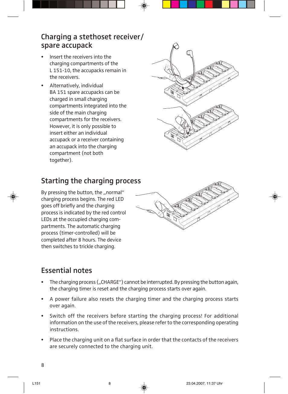 Charging a stethoset receiver/spare accupack, Starting the charging process, Essential notes | Charging a stethoset receiver/ spare accupack | Sennheiser L151-10 User Manual | Page 8 / 28