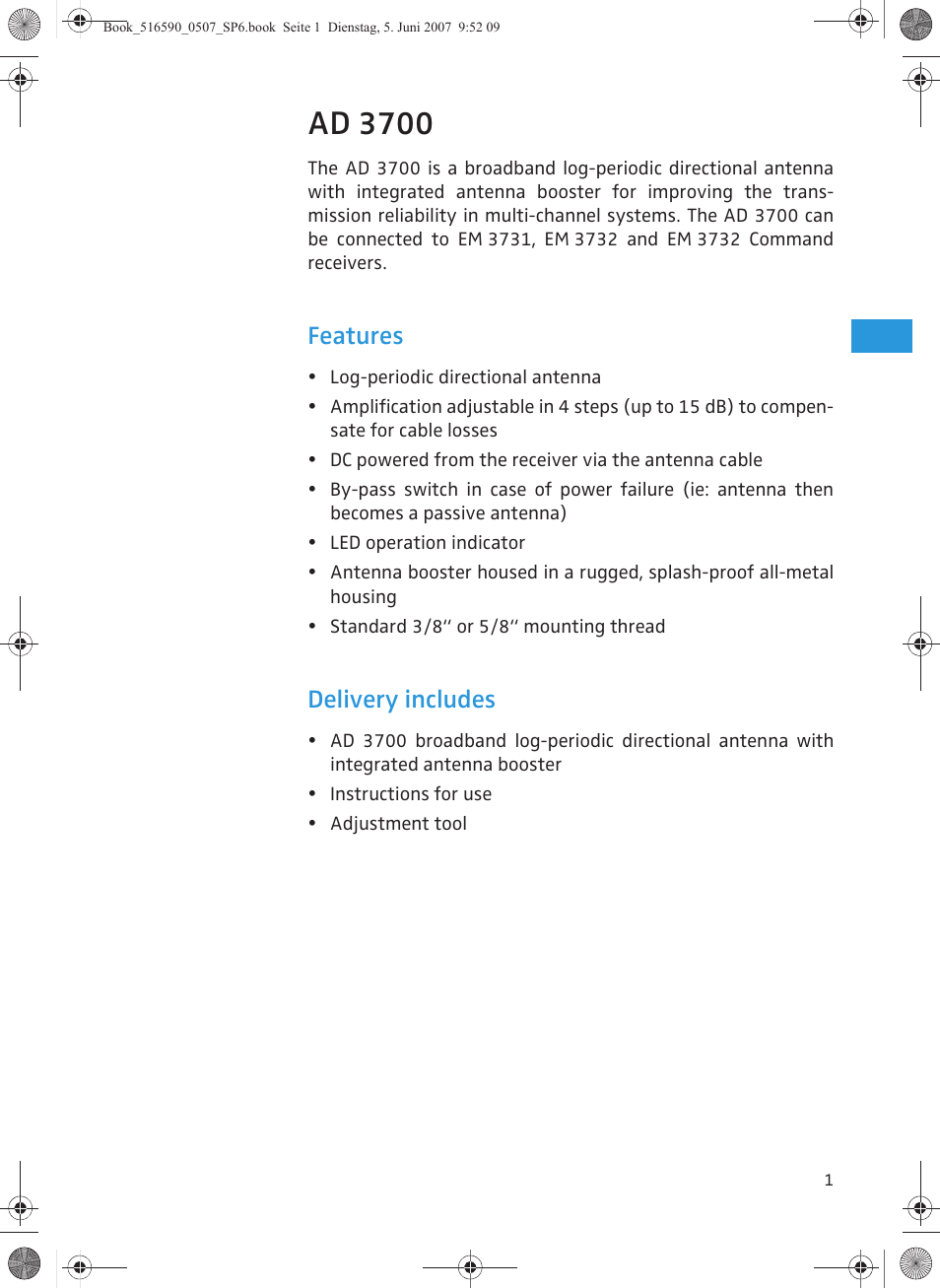 Ad 3700, Features, Delivery includes | Sennheiser AD 3700 User Manual | Page 11 / 41