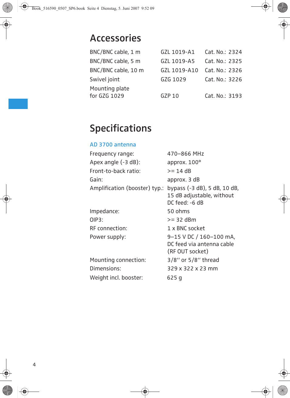Accessories, Specifications | Sennheiser AD 3700 User Manual | Page 14 / 41