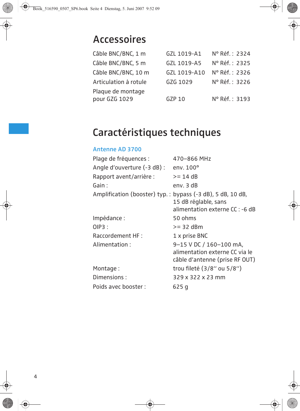 Accessoires, Caractéristiques techniques | Sennheiser AD 3700 User Manual | Page 20 / 41