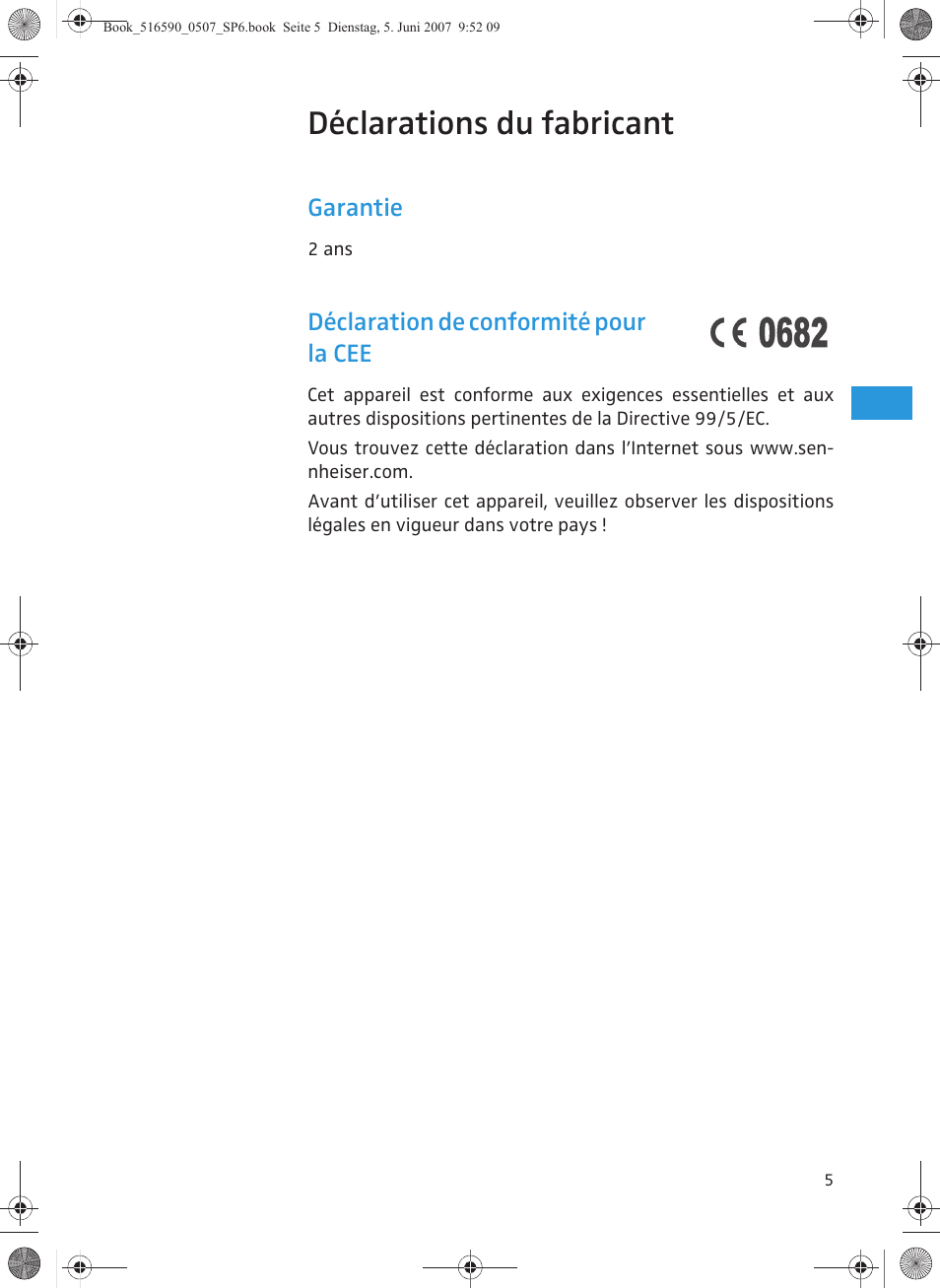 Déclarations du fabricant, Garantie, Déclaration de conformité pour la cee | Sennheiser AD 3700 User Manual | Page 21 / 41