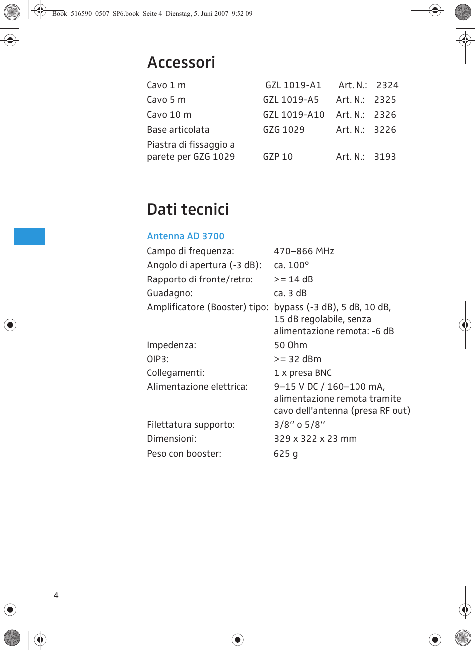 Accessori, Dati tecnici | Sennheiser AD 3700 User Manual | Page 26 / 41