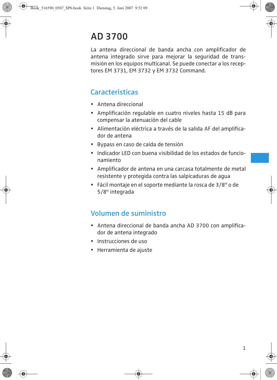 Ad 3700, Características, Volumen de suministro | Sennheiser AD 3700 User Manual | Page 29 / 41