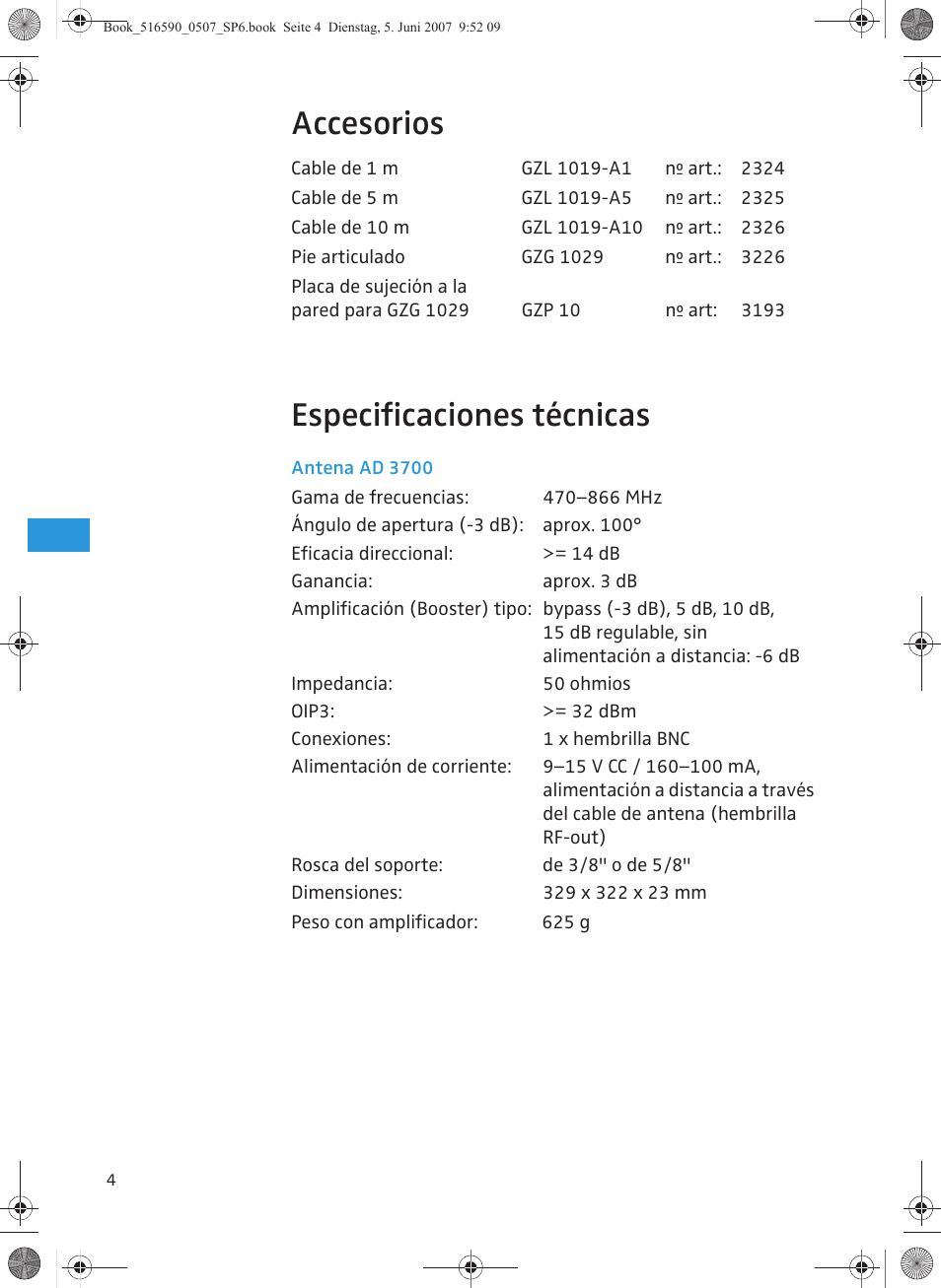 Accesorios, Especificaciones técnicas | Sennheiser AD 3700 User Manual | Page 32 / 41
