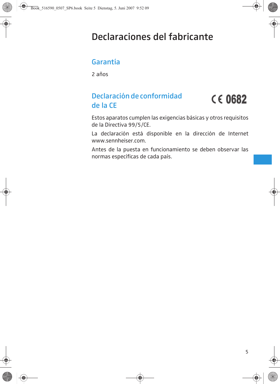 Declaraciones del fabricante, Garantía, Declaración de conformidad de la ce | Sennheiser AD 3700 User Manual | Page 33 / 41