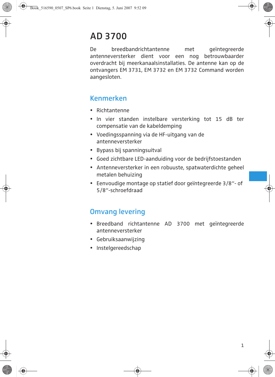 Ad 3700, Kenmerken, Omvang levering | Sennheiser AD 3700 User Manual | Page 35 / 41