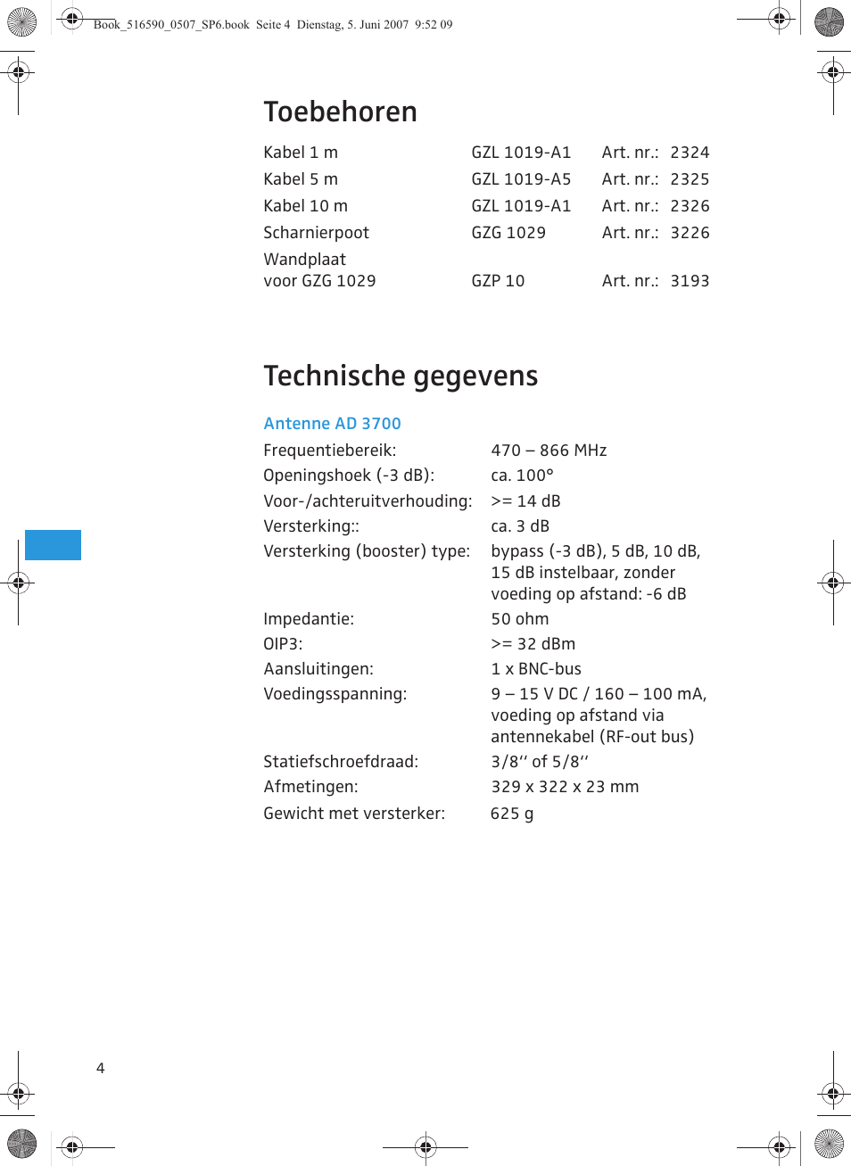 Toebehoren, Technische gegevens | Sennheiser AD 3700 User Manual | Page 38 / 41