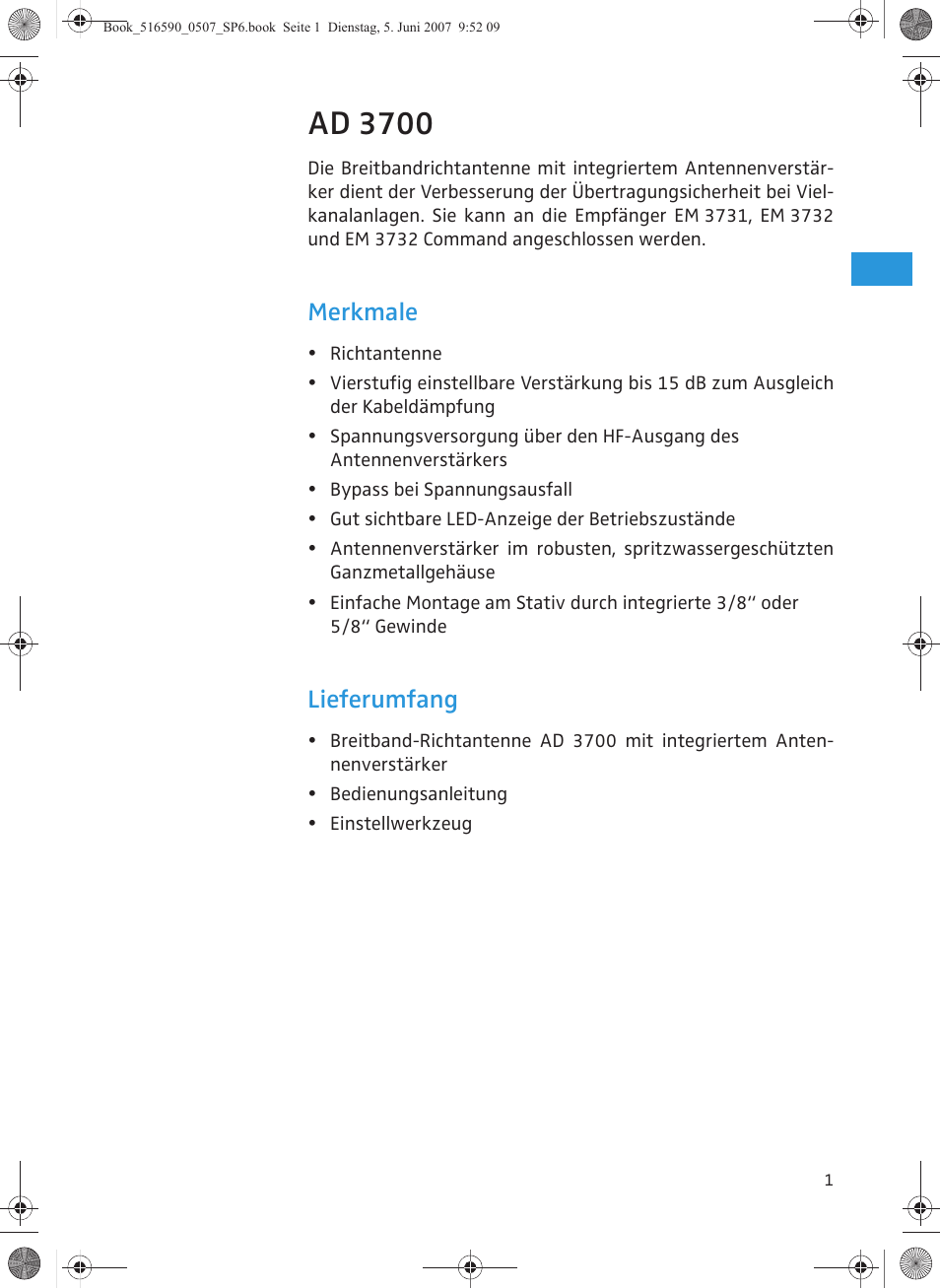 Ad 3700, Merkmale, Lieferumfang | Sennheiser AD 3700 User Manual | Page 5 / 41