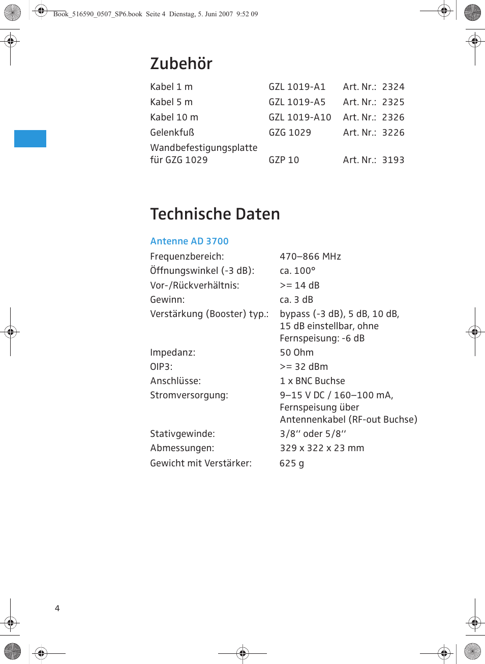 Zubehör, Technische daten | Sennheiser AD 3700 User Manual | Page 8 / 41