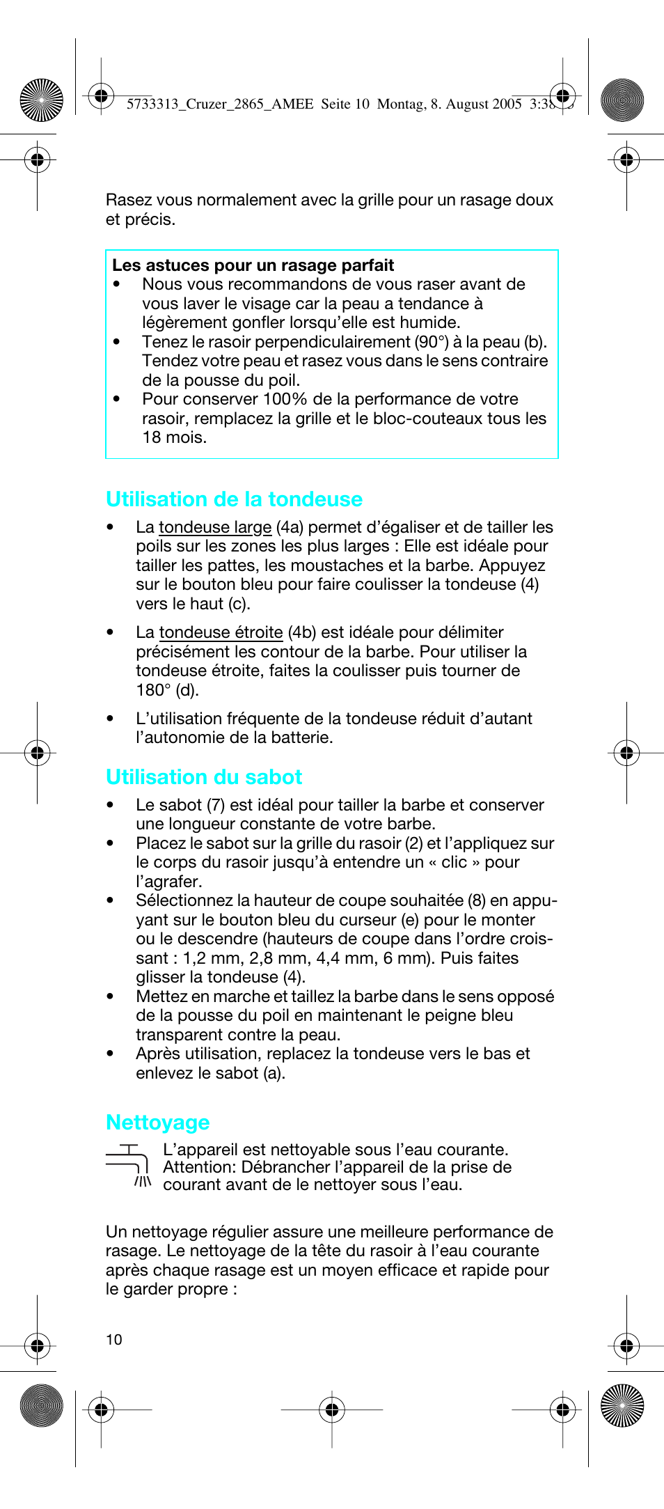 Utilisation de la tondeuse, Utilisation du sabot, Nettoyage | Braun 2865 User Manual | Page 10 / 62