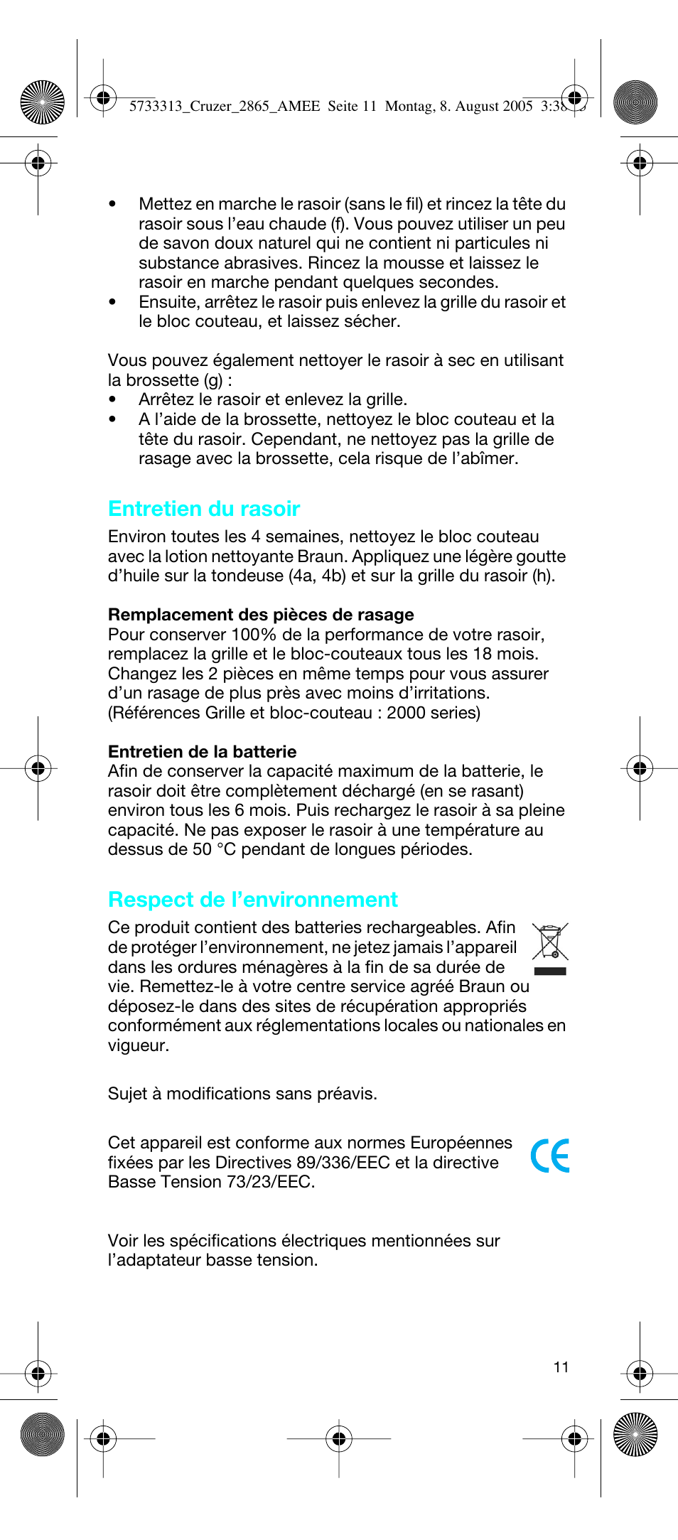 Entretien du rasoir, Respect de l’environnement | Braun 2865 User Manual | Page 11 / 62