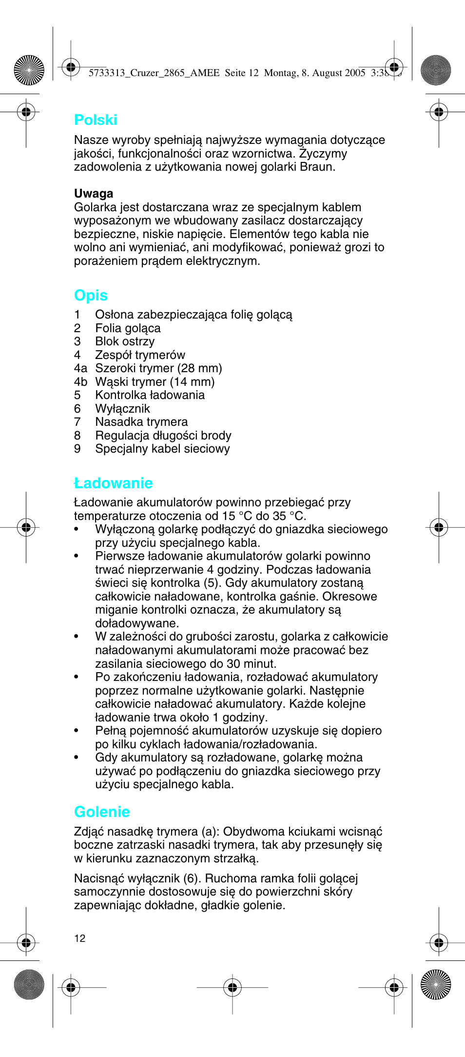 Polski, Opis, Adowanie | Golenie | Braun 2865 User Manual | Page 12 / 62